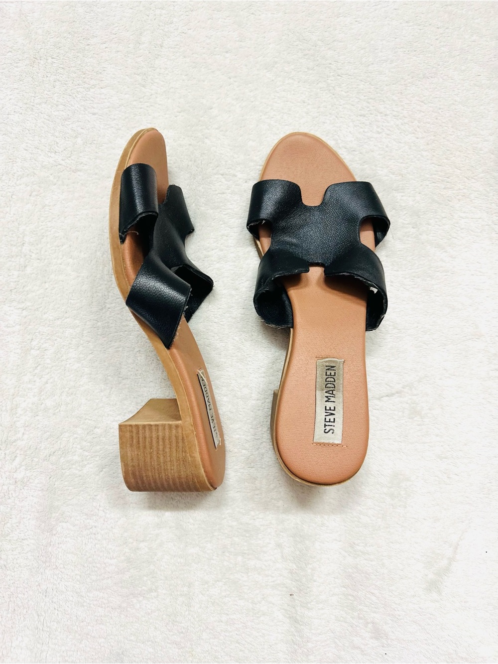 Steve Madden HANA BLACK LEATHER Sandals Size 6.5 Very Comfortable